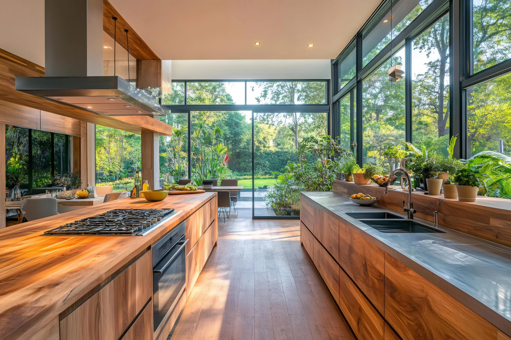 Modern kitchen opening to an Orange County garden